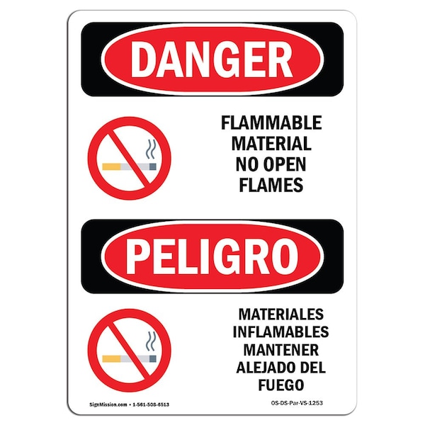 Safety Sign, OSHA, 5" Height, Flammable Materials No Open Flames Spanish, 10PK